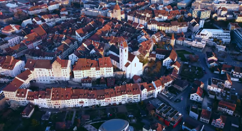 Aerial view of Aarau, Switzerland showcasing the Old Town rooftops