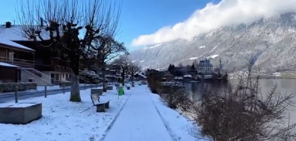 Snow-covered Iseltwald village