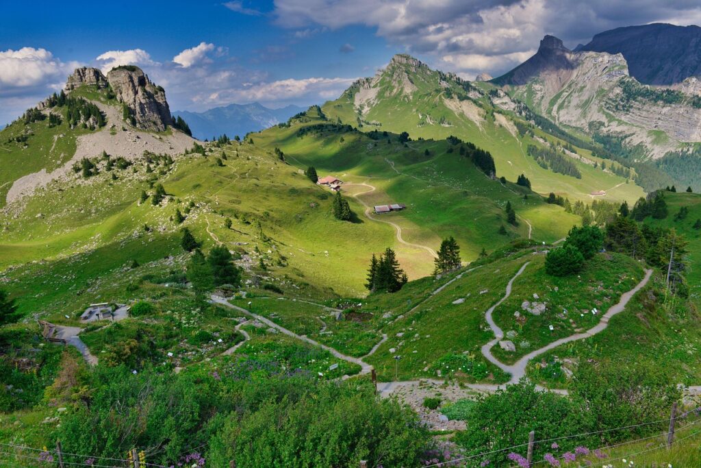 Alpine summer hiking trail in Switzerland