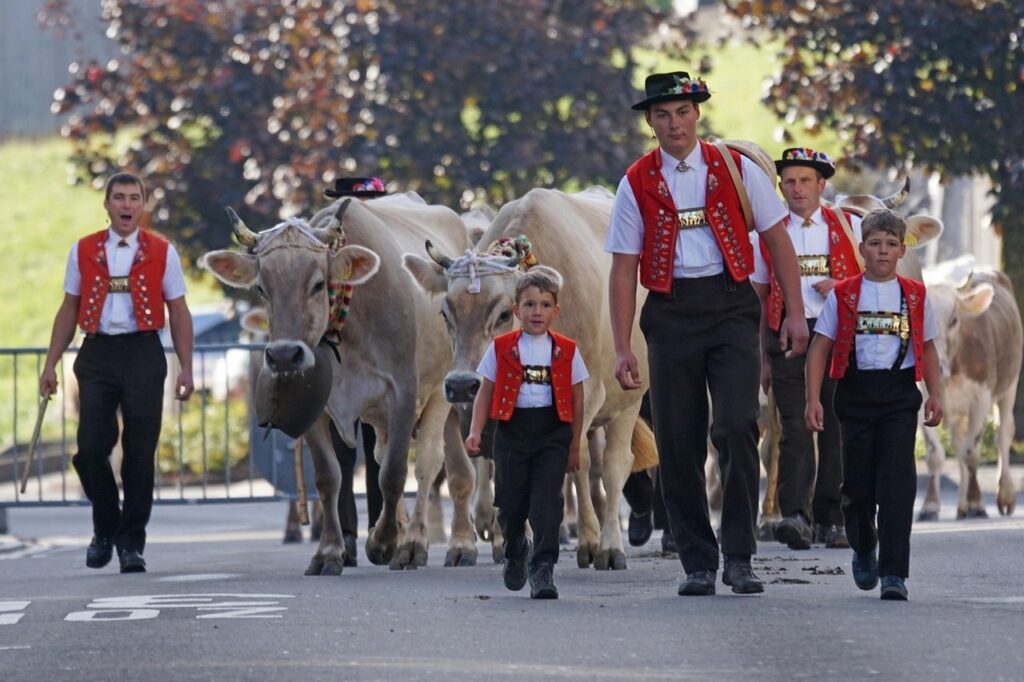 Traditional Appenzell village scene with locals in folk costumes