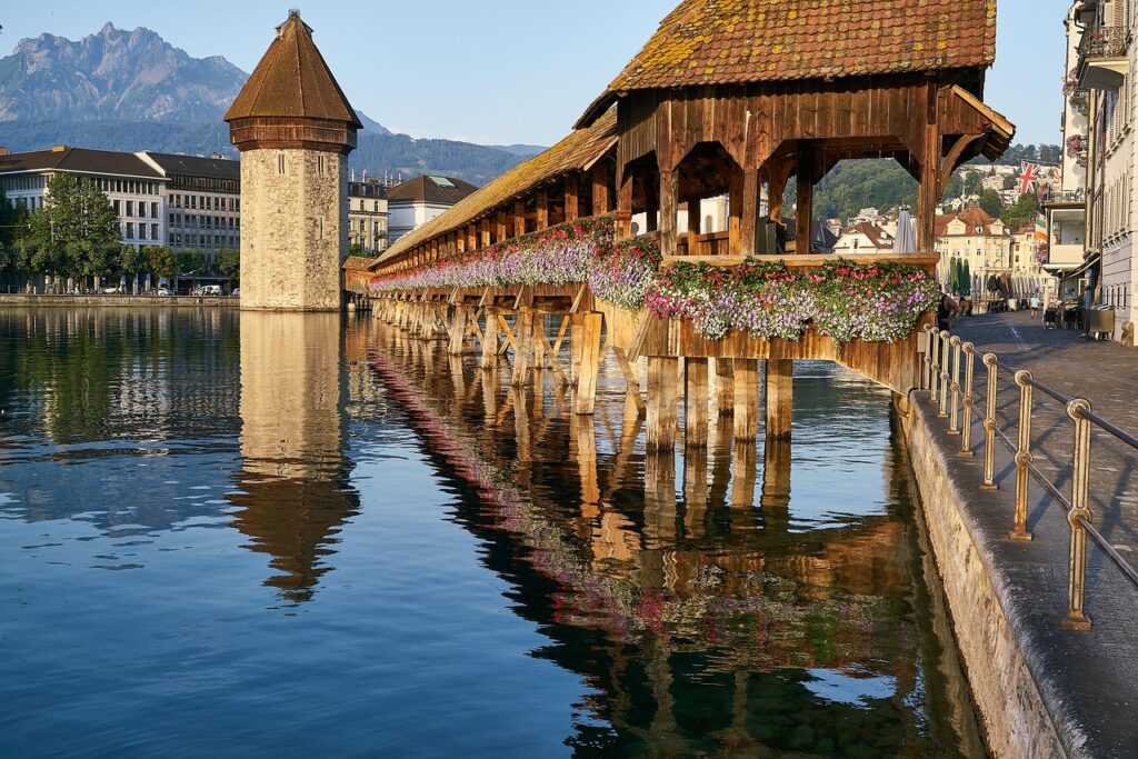Chapel Bridge (Kapellbrücke), the iconic wooden covered bridge over the Reuss River in Lucerne