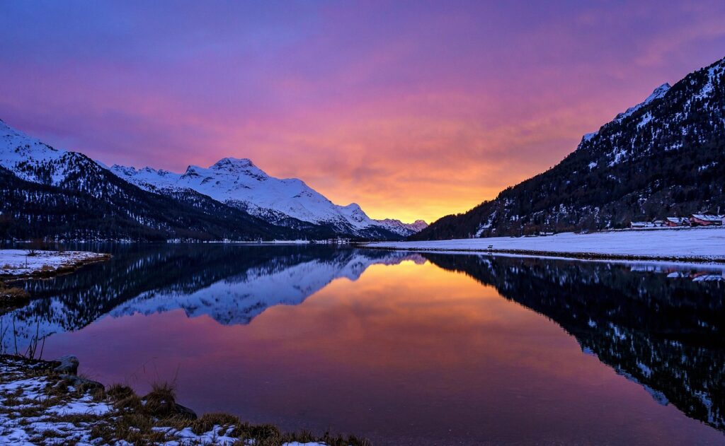 Panoramic view of Engadine Lakes with hiking routes in the Swiss Alps
