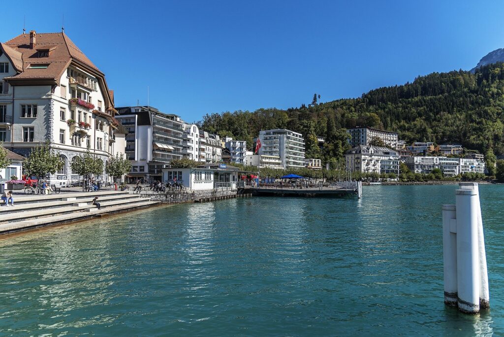 Scenic view of Lake Lucerne with lakeside promenade in Switzerland