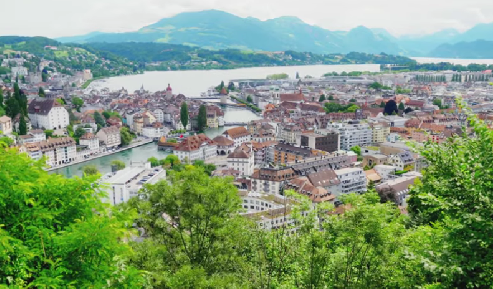 Panoramic aerial view of Lucerne with Lake Lucerne