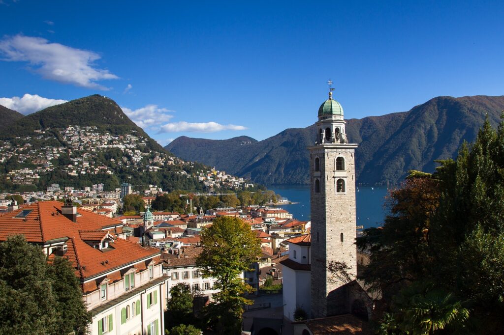 View from Monte Brè over Lake Lugano and the Swiss Alps.