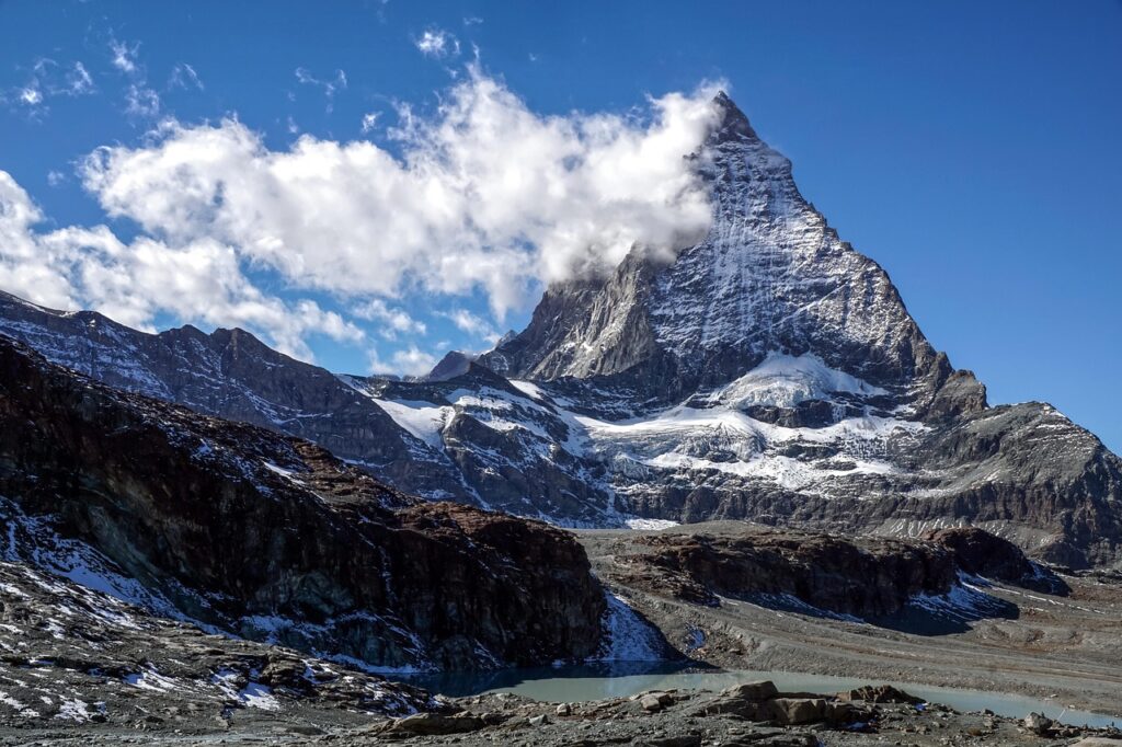 Iconic Matterhorn peak towering above the alpine village of Zermatt