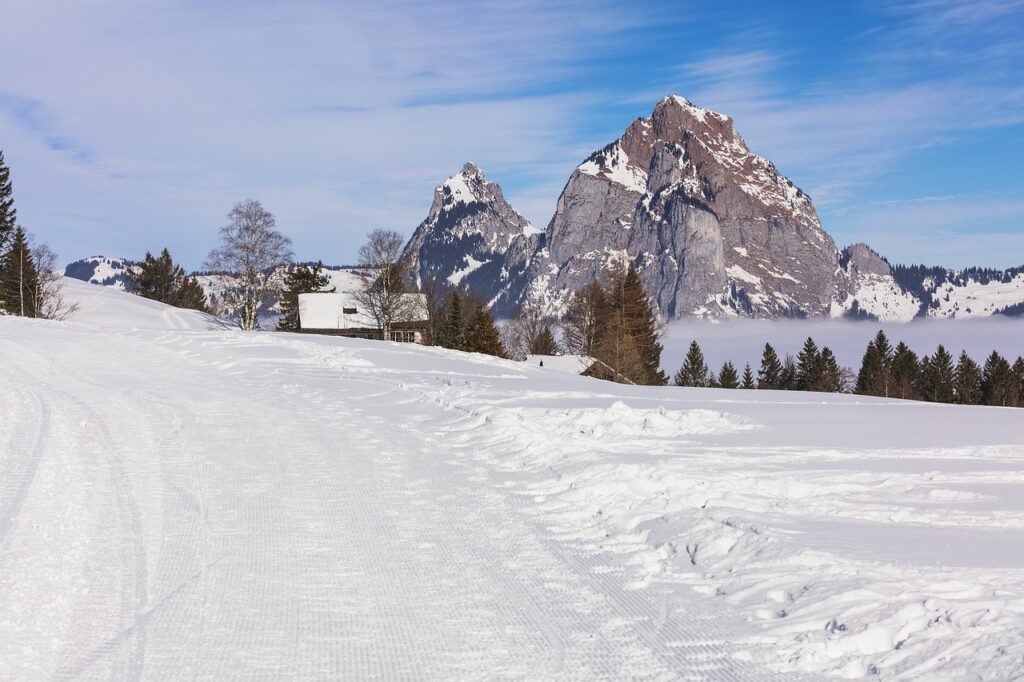 Snow-covered rooftops in the car-free mountain village of Stoos