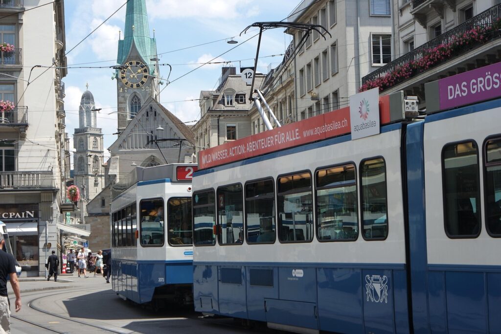 Modern tram in Zurich public transport in Switzerland