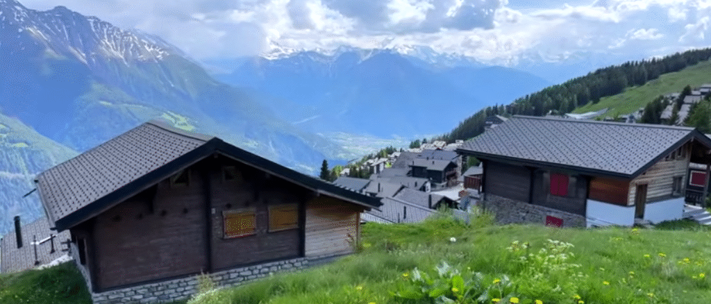 A panoramic view of Bettmeralp, one of the idyllic Switzerland car-free villages, perched on a mountain plateau.