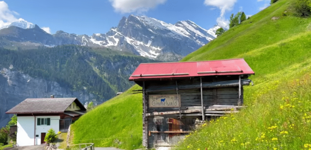 Gimmelwald, one of the picturesque Switzerland car-free villages, perched on a steep hillside overlooking the Lauterbrunnen Valley.