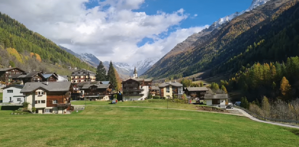 A serene view of Kippel, one of the charming Switzerland car-free villages, located in the Lötschental Valley.