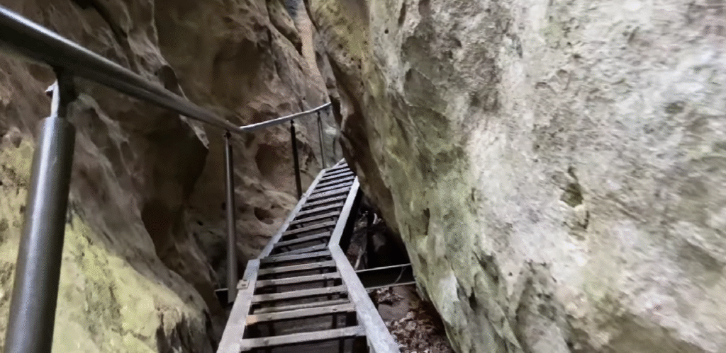 Sturdy iron staircase ascending a beginner-friendly trail in the Saxon Alps.