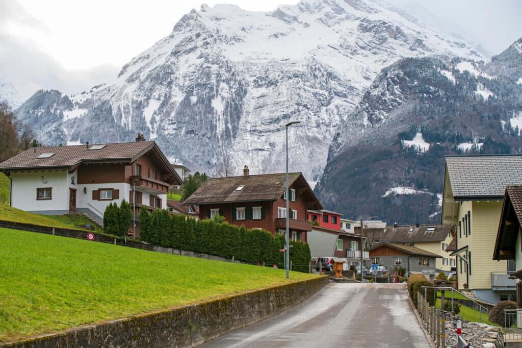 Remote Swiss village surrounded by mountains