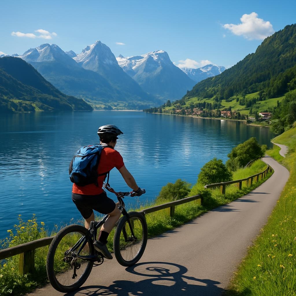 Cyclist riding along a scenic lakeside path with gentle hills, Lake Lucerne sparkling in the background, alpine mountains reflected in the water, small Swiss villages along the shore, bright daylight, realistic style, vibrant and inviting travel scene, perfect for adventure blog.