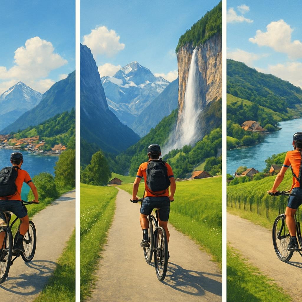 Three scenic cycling scenes in Switzerland, Day 1: cyclist riding along Lake Lucerne. Day 2: cyclist on flat Lauterbrunnen Valley. Day 3: cyclist along Rhine River with vineyards and historic villages, bright daylight, realistic style, vibrant and inviting travel adventure, perfect for multi-day cycling itinerary blog.