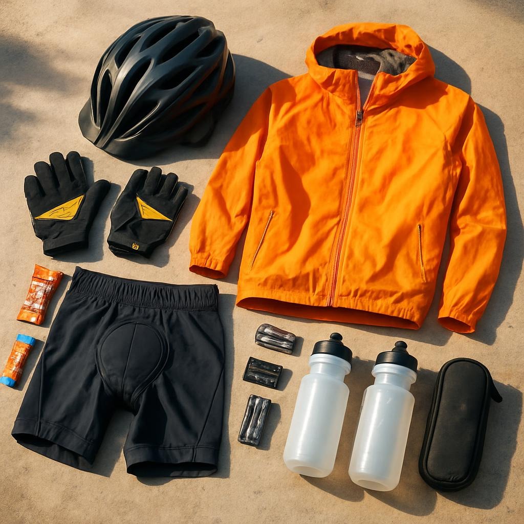Cycling gear neatly laid out on the ground, including helmet, gloves, padded shorts, waterproof jacket, water bottles, energy bars, multitool, repair kit, bright daylight, realistic style, vibrant and inviting travel scene, perfect for adventure cycling blog.