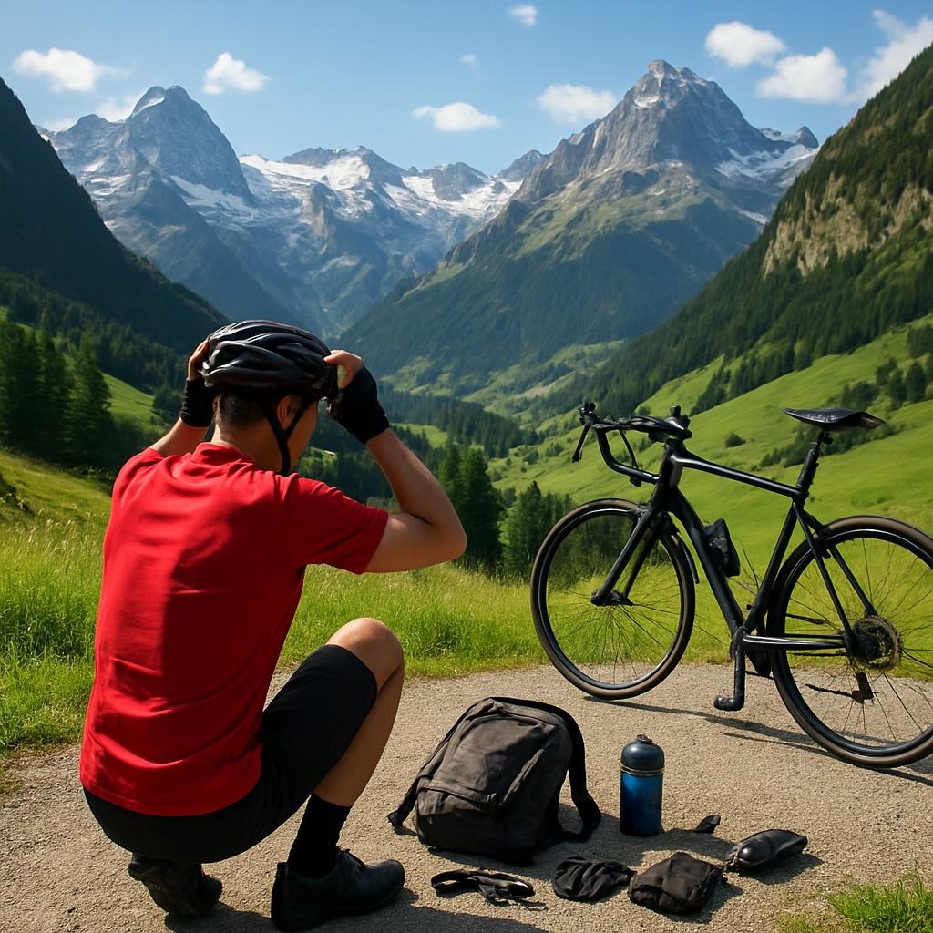 A cyclist preparing for a Cycling Itinerary in Switzerland, adjusting helmet and checking bike, equipment neatly laid out next to them, scenic Swiss alpine landscape in background, bright daylight, realistic style.